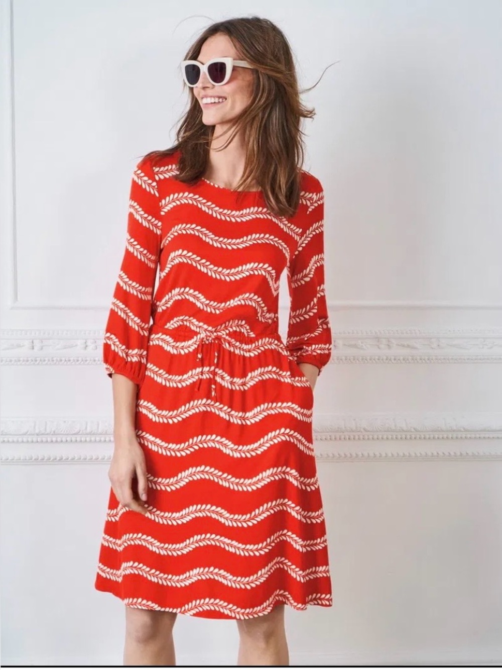 Boden Women's Red Leaf Stripe Talia 3/4 Sleeve Jersey Knit Dress Size 8R - Picture 1 of 6